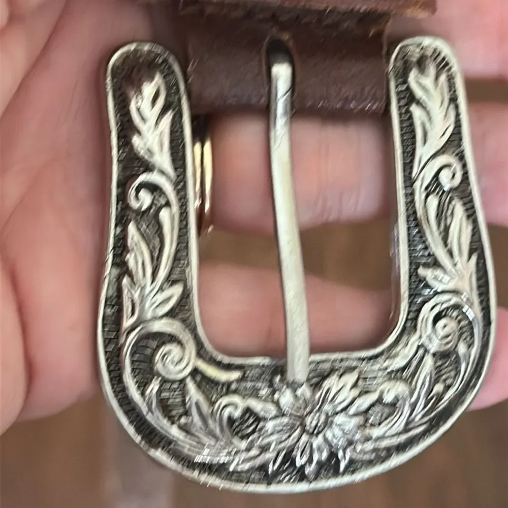 Vintage Boho Western Woven Braided Brown Leather Belt‎ with Floral Silver Buckle